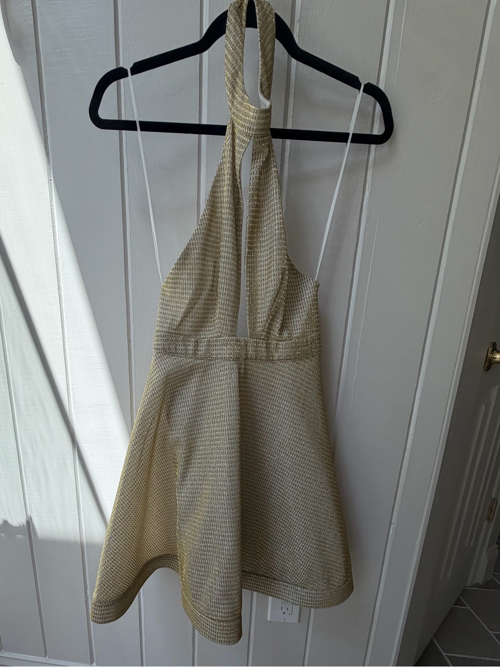 Sparkly Gold Halter Skater Dress with Open Back